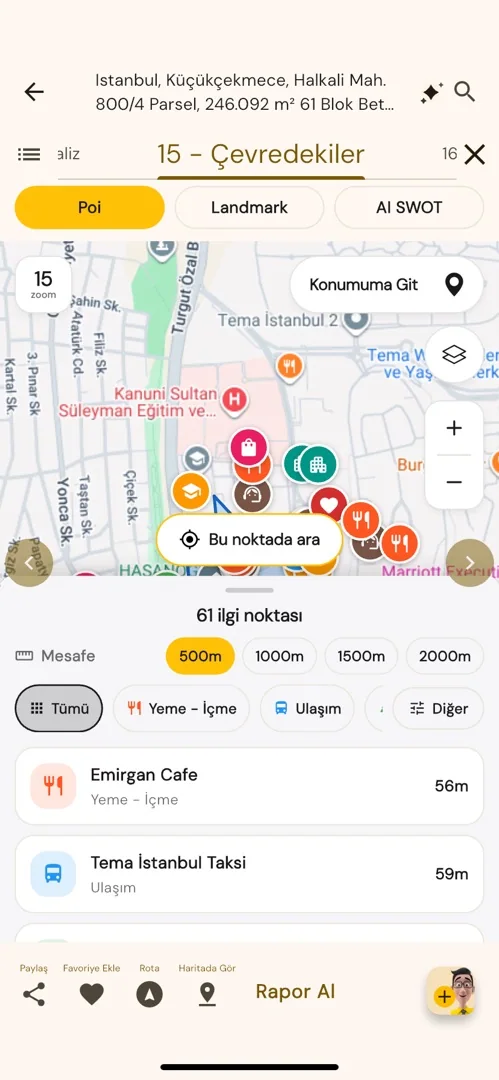 Çevredeki ilgi noktaları ve ulaşım · Mobil
