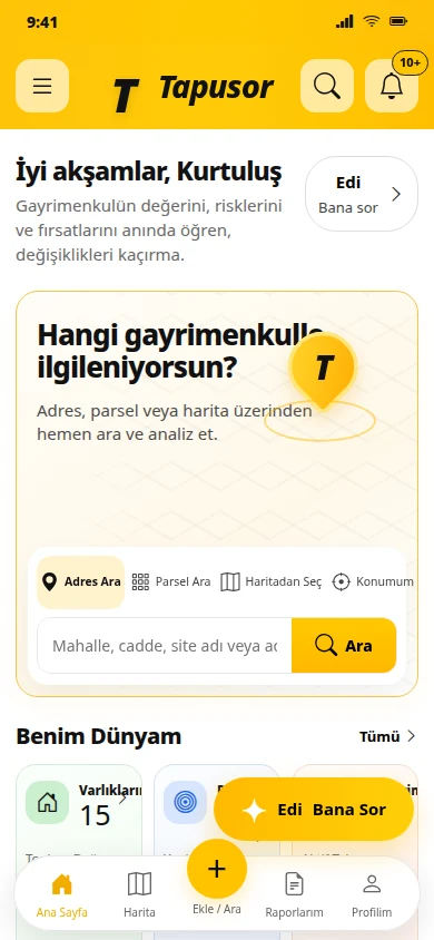 Tapusor mobil ana ekranı